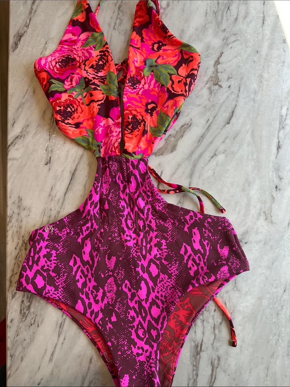 Maaji Floral & Hot Pink Cutout One-Piece Swimsuit